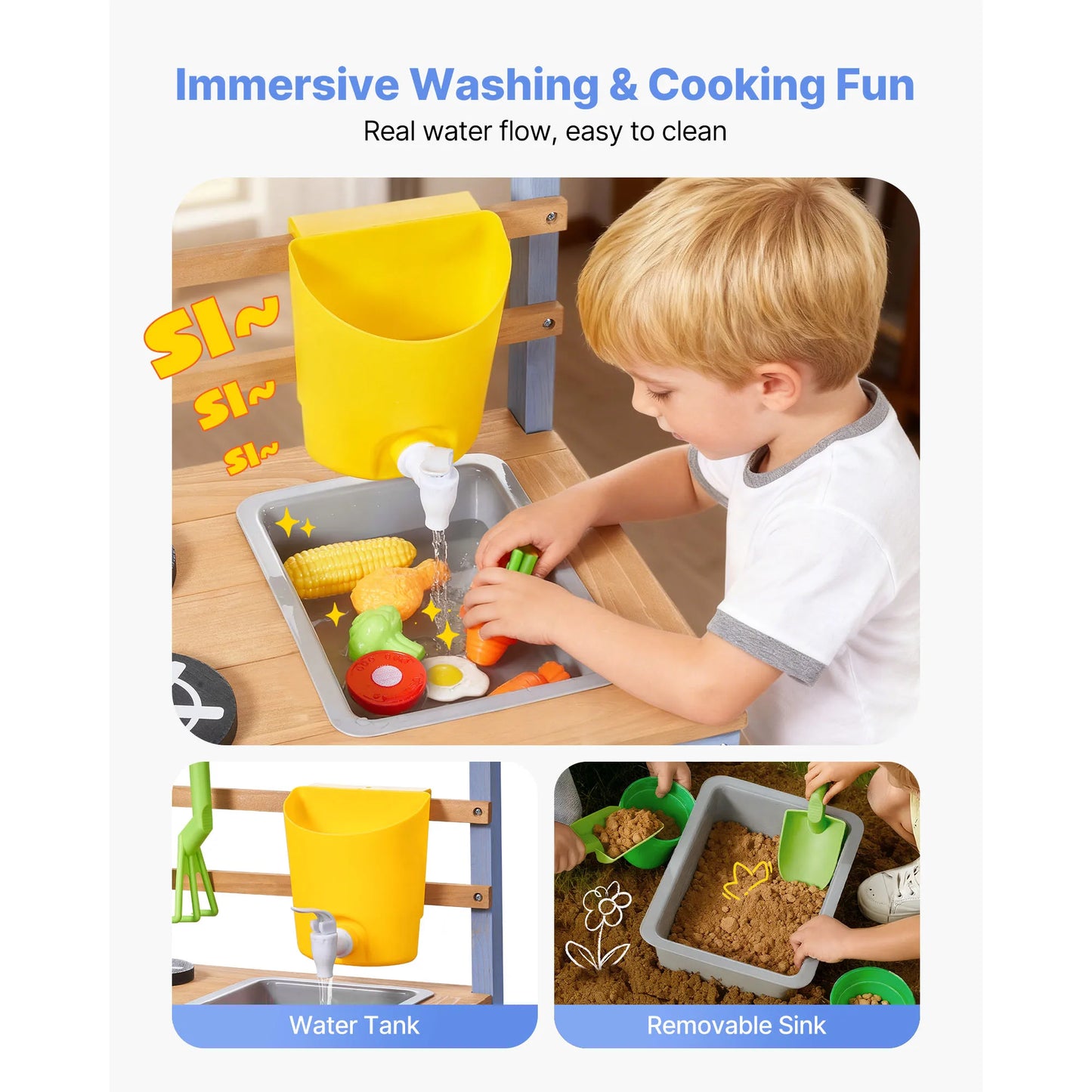 Mud Kitchen Wood Play Kitchens with Planting Box Critter Catcher Container Sink Cookware Pots and Accessories for Yard