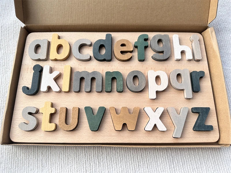 Montessori Wooden Tray Rainbow Alphabet Puzzle Pastel ABC Learn Letters Educational Board for Kids