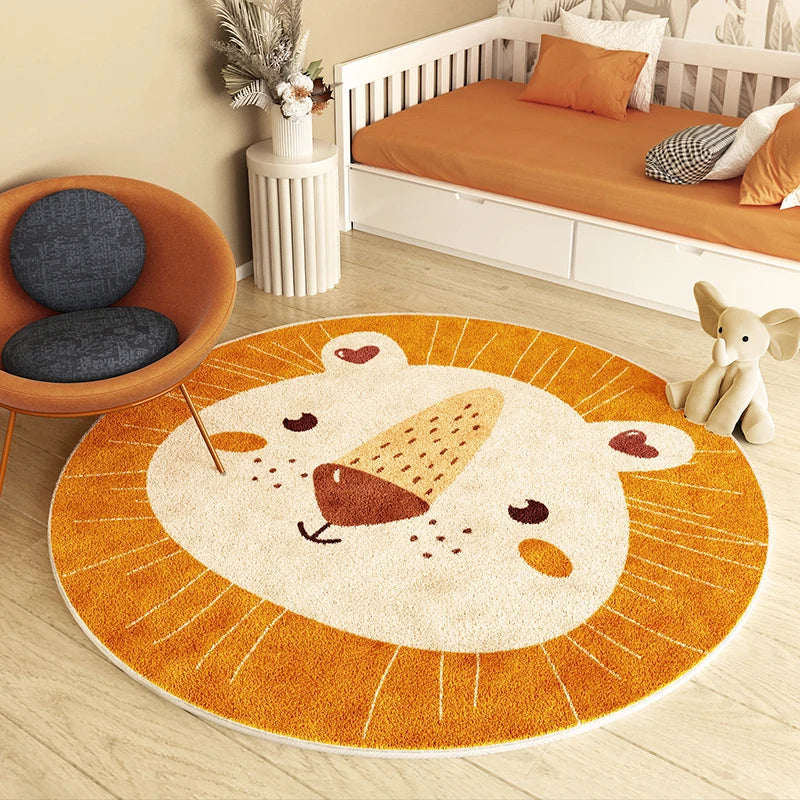 Lion Pattern Carpets for Living Room Fluffy Soft Children Mat Thick Plush Bedside Rug Cartoon Style Bedroom Decor Round Carpet