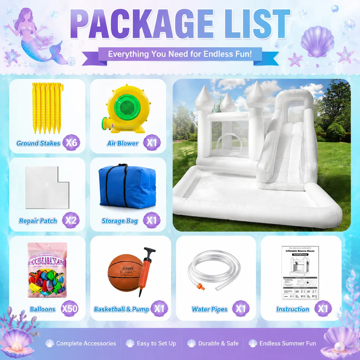 14FT Spire-Top Inflatable Bounce House White with Slide Large Ball Pit Middle Play Zone Portable Bouncy Castle for Kids Birthday/Party