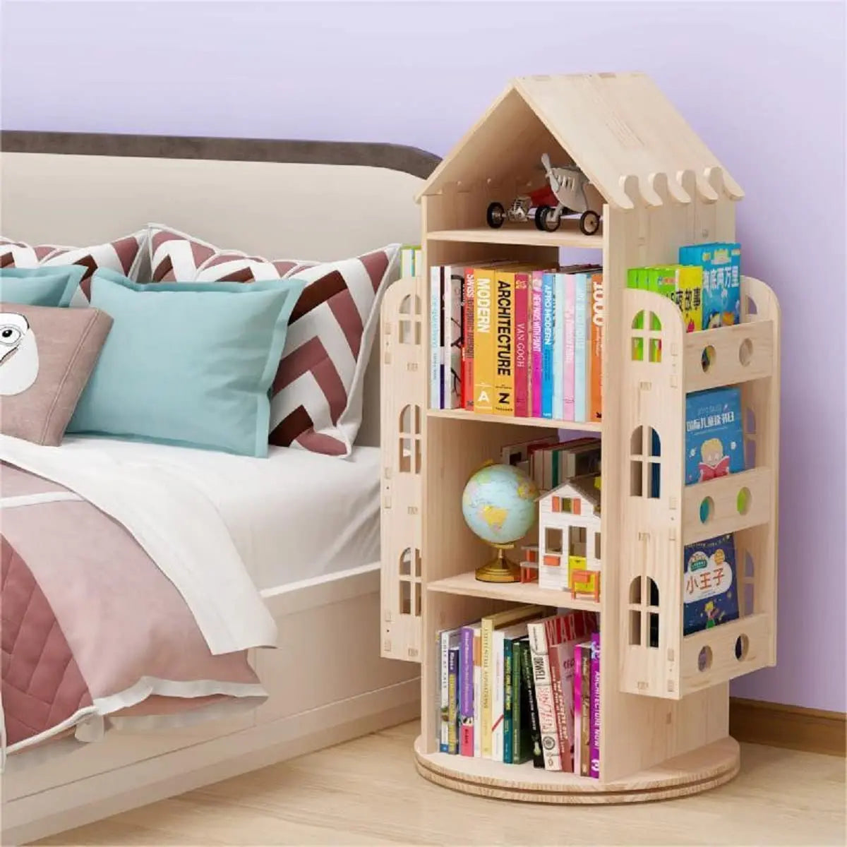 Large Rotating 360° Wood Castle Floor Standing Bookcase Kids Playroom Storage Shelf, Customized