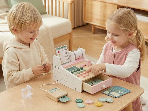 Wooden Cash Register with Scanner Math Learning Role Play Cashier Game Set for Kids Pink Wooden Store Cash Register