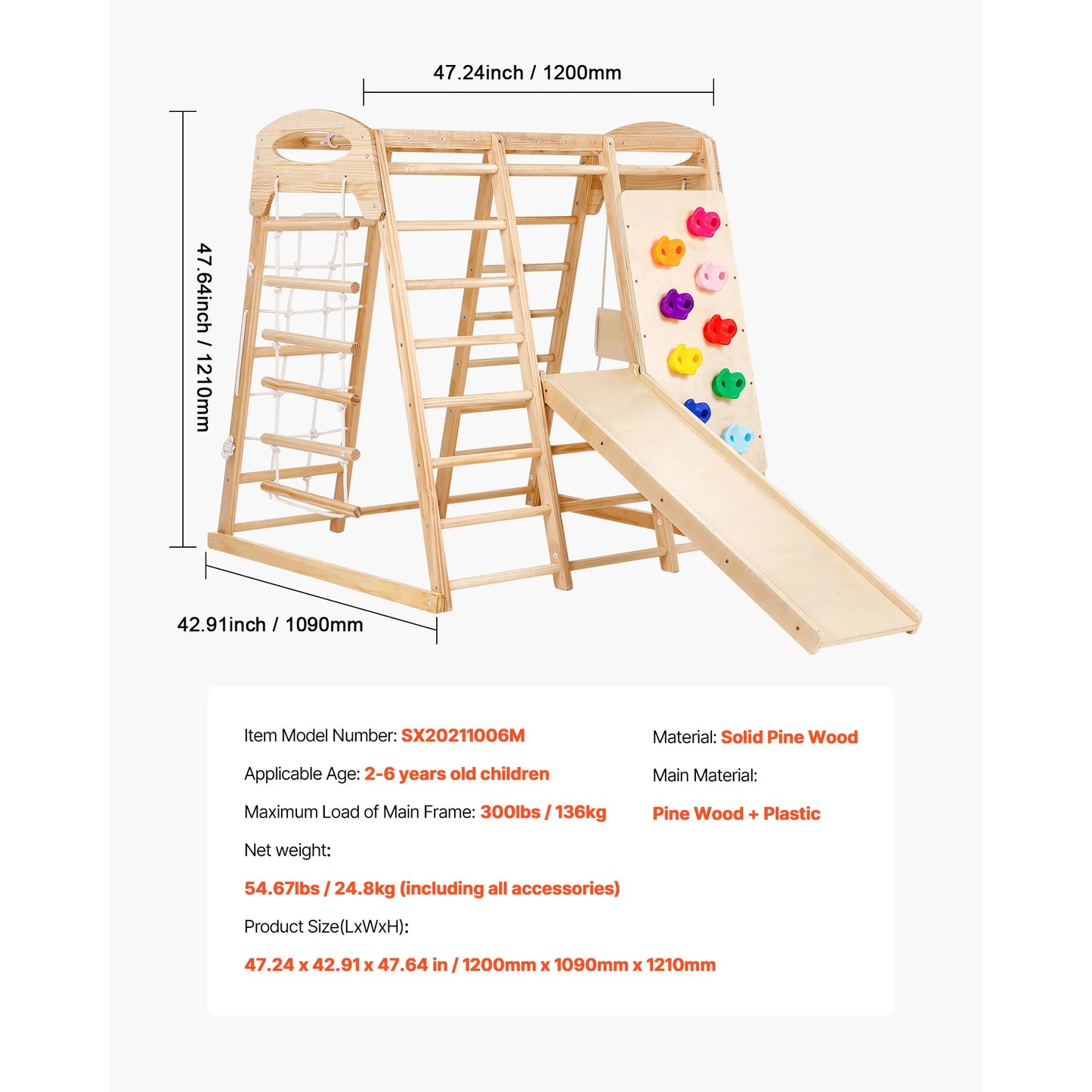 SucceBuy Indoor Jungle Gym 7-in-1 Toddler Indoor Playground with Wood and Rope Ladder Net Ladder Swing Monkey Bar Slide for Kids