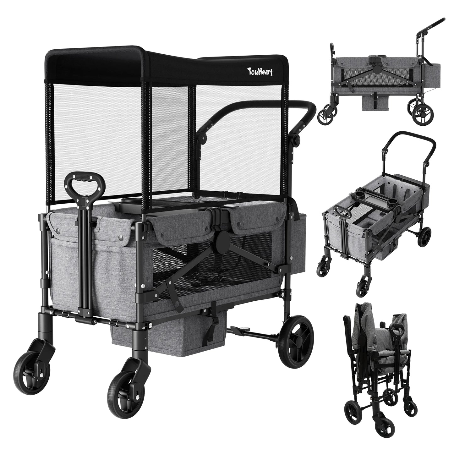 2 Seat Wagon Stroller For 2 Kids, Foldable All-Terrain Wagon for Toddler with Canopy 220 lbs Capacity