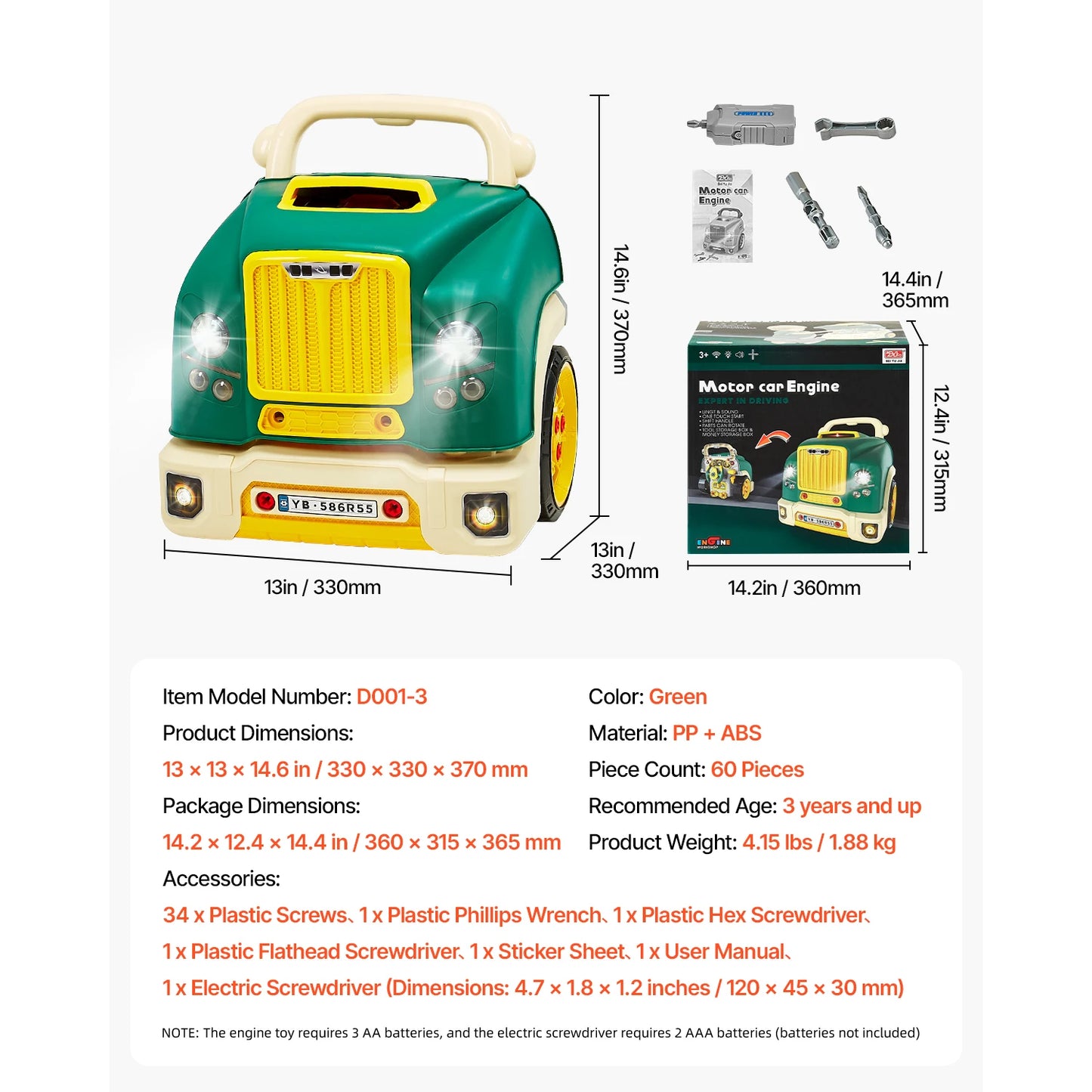 SucceBuy 60 Pcs Kids Mechanic Car Repair Set with Removable Parts & Horn Workshop Set Engine Toy for Toddler Children Gift