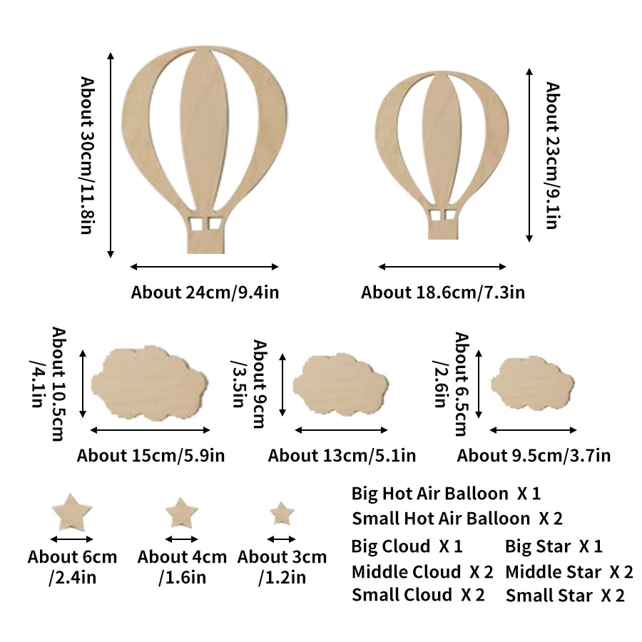 13Pcs Ins Wooden Hot Air Balloon Cloud Star Set Wall Stickers Home Decoration Background Wooden Wall Stickers Holiday Decoration Wall Crafts Cute Wooden Balloon Wall Stickers for Boys and Girls' Rooms Homestay Coffee Bar Deco