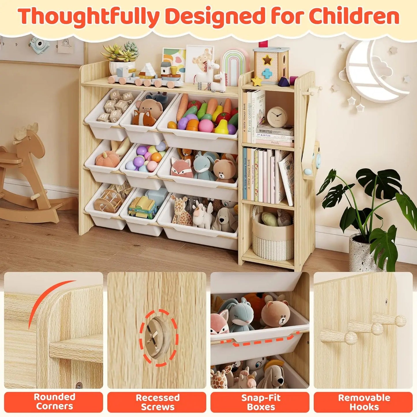 Toy Storage Organizer with Bookshelf, Kids Toy Storage and Organizers with 3 Shelves/9 Bins/3 Hooks, Bin Shelf, Toy, Customized