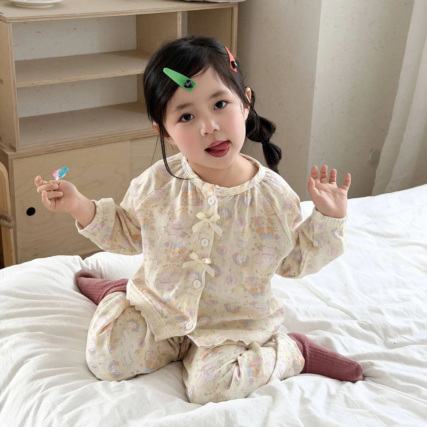 Boys Girls Cute Cartoon Print Pajamas Homewear Long Sleeve Lapel Sleepwear Kids Spring Summer Casual Clothing Sets Pyjamas