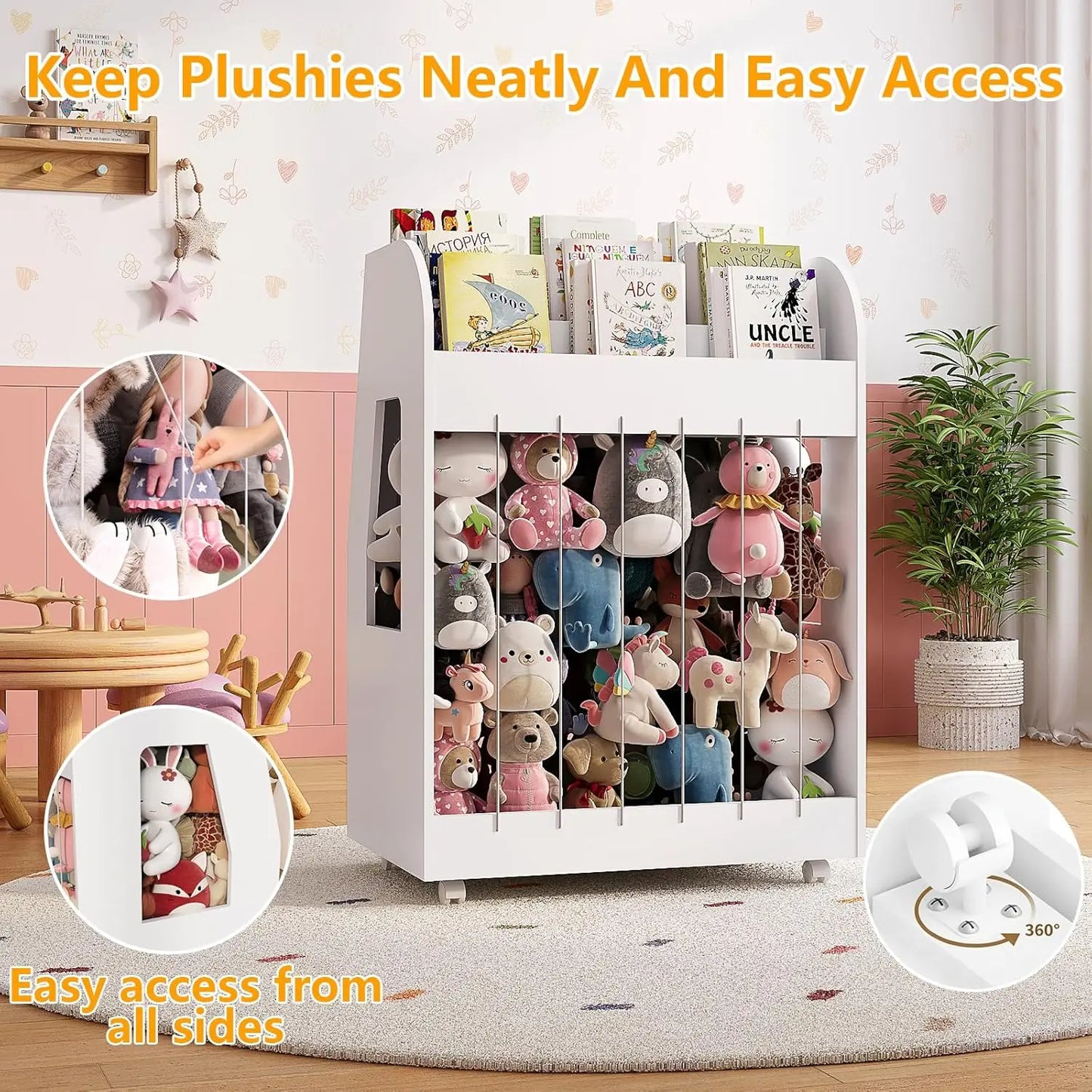 Kids Bookshelf, 3 Tier Montessori Bookcase with Magnetic Drawing Board & Stuffed Animal Storage, Toddler Toy Storage Box with 360° Rolling Wheels for Girls Boys Bedroom/Playroom/Living Room