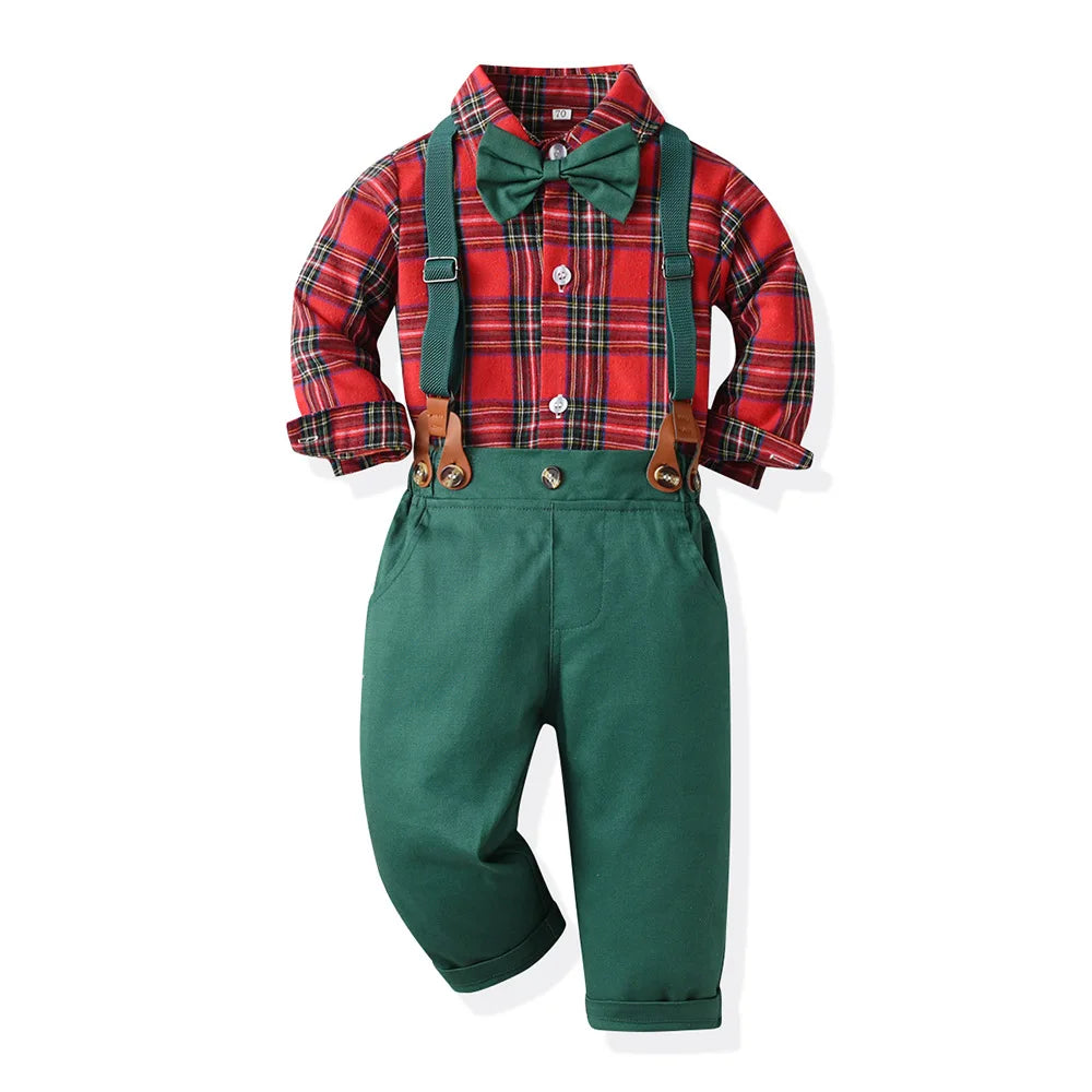 Toddler Boy Christmas Gentleman Outfit Toddler Kid Party Costume Suspender 4PCS Autumn Winter Clothes Baby Cotton Boutique Set