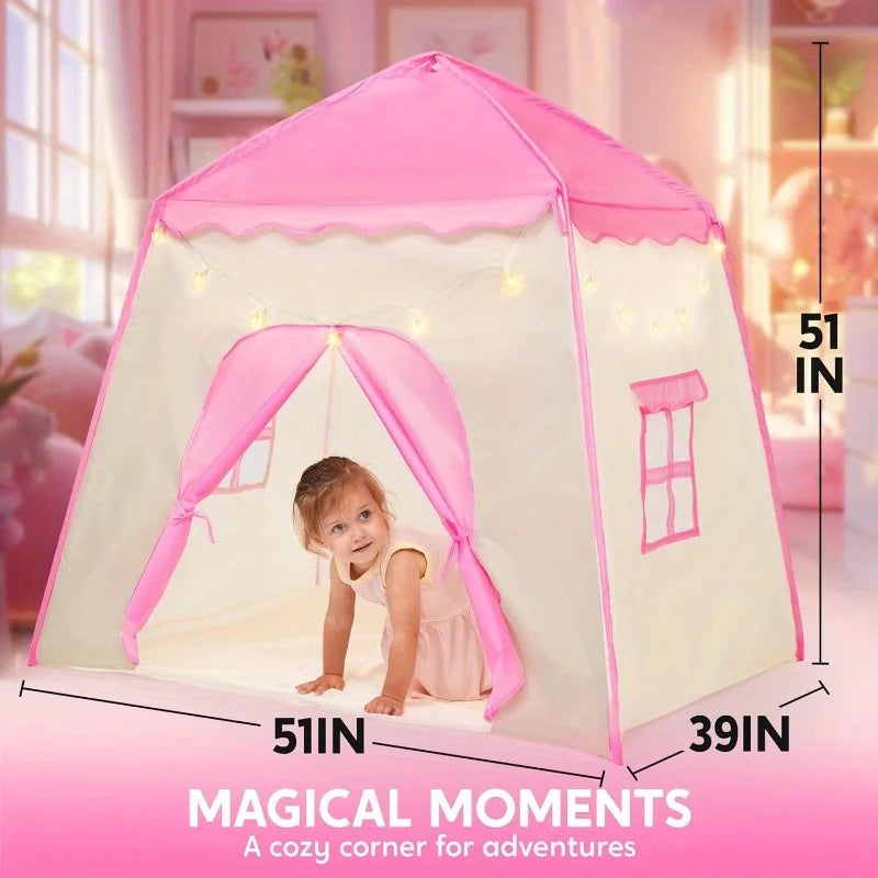 Pink Princess Tent for Girls with LED Star Lights Large Playhouse Kids Castle Play Tent for Children Indoor Outdoor Games
