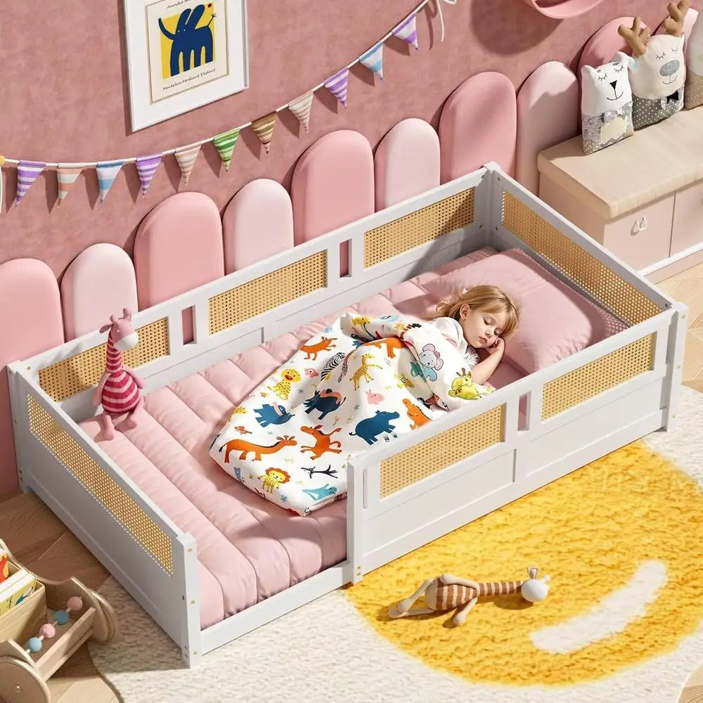 Twin Size Rattan High-End Platform Bed with Slats, Suitable for Children and Teens, White