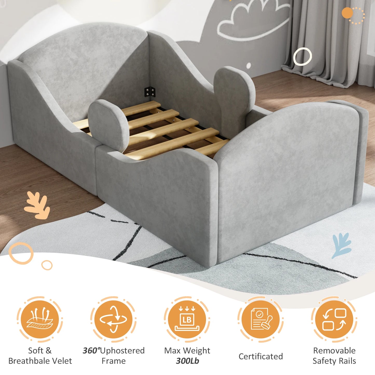 Toddler Bed, Certified Toddler Floor Bed with Removable Safety Rails, Kids Bed Frame, Standard Crib Size Ultra Soft Upholstered Kids Bed, Montessori Floor Beds for Girl Boy ( No Mattress)
