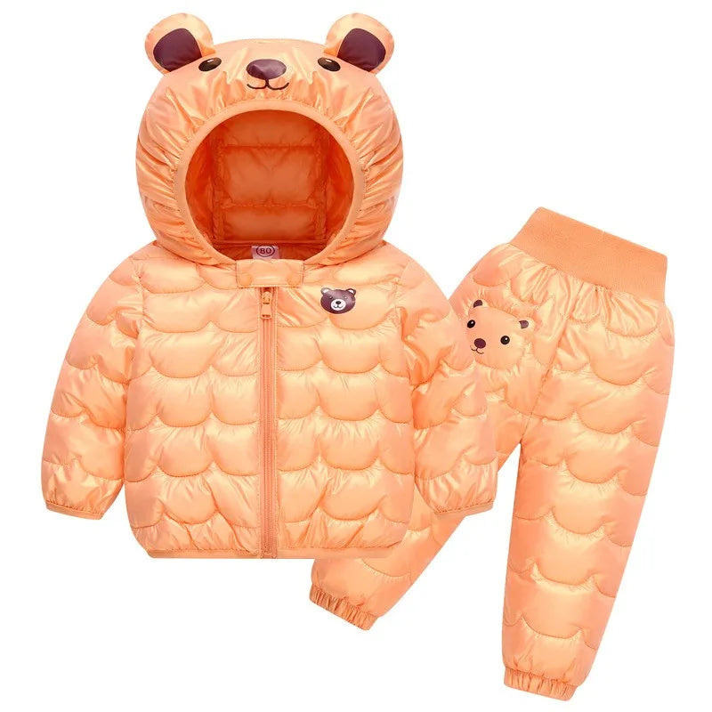 Winter Warm Girls Clothing Set New Baby Boys Cartoon Bear Hooded Waterproof Down Jacket Pants 2Pc Outfits Children Snowsuit Coat