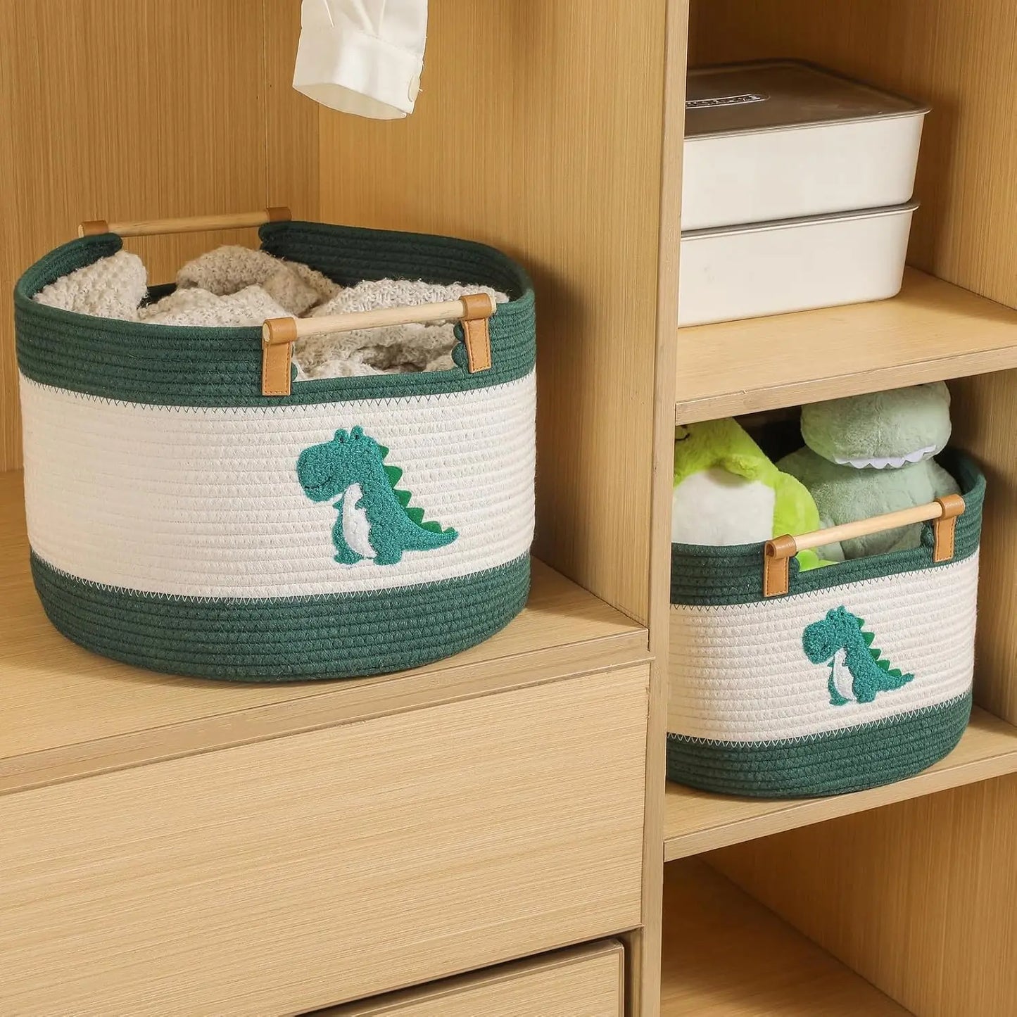 Large Blanket Basket 35L Cotton Rope Basket with Wooden Handles Woven Baskets for Kids Stuffed Animal Toys Storage for N