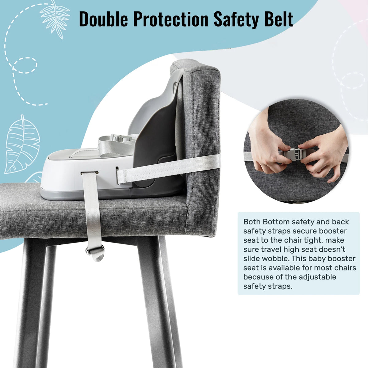 Portable Kids Booster Dining Chair with 3-Point Safety Harness, 2 Fixing Straps, Washable PP Toddler Feeding Seat for Home Travel
