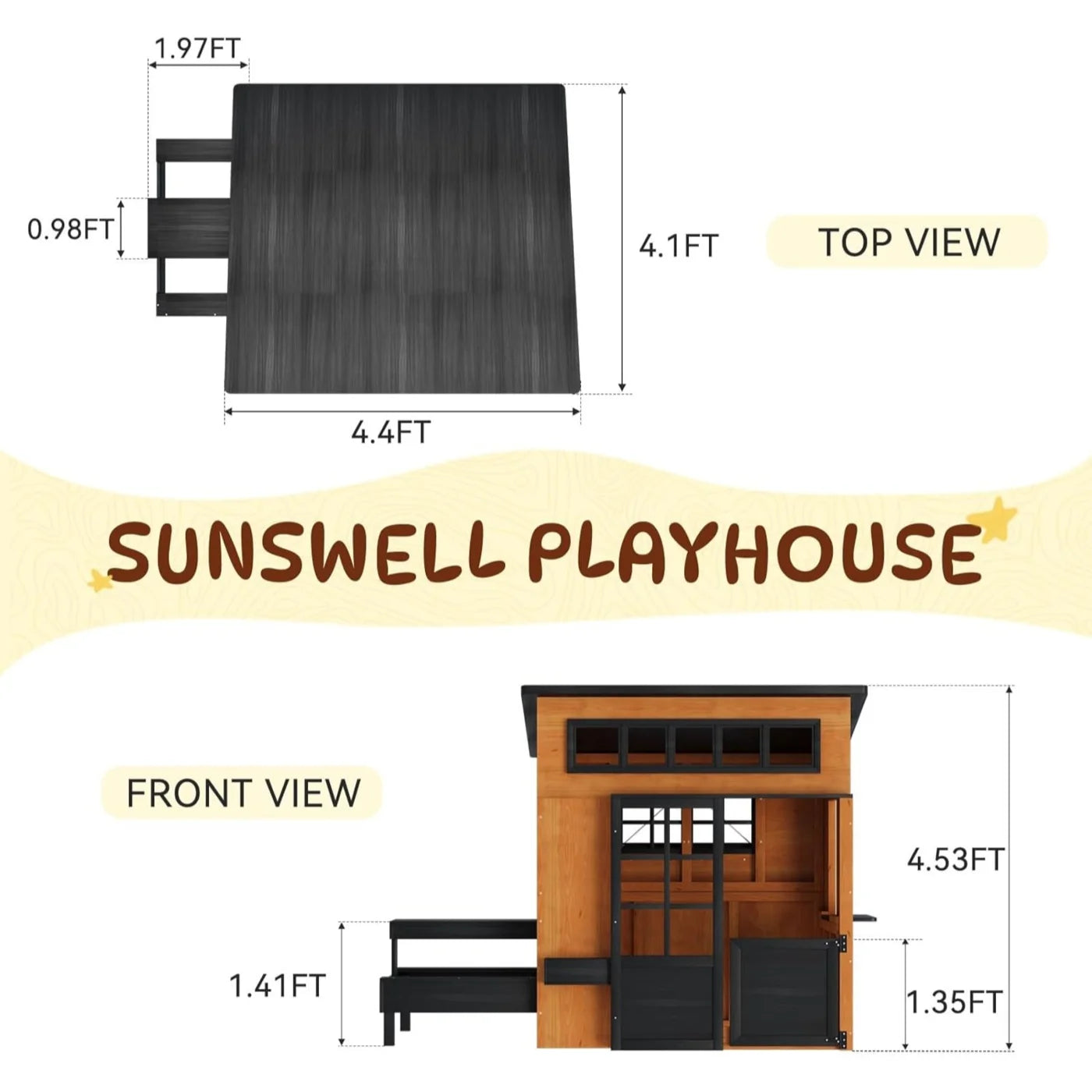 Outdoor Playhouse Modern Fir Wood Kids Backyard Garden House with Play Kitchen Table Chalkboard Half Door Windows Flower Box Indoor Imaginative Pretend Play Toys for Boys Girls Ages 3-8