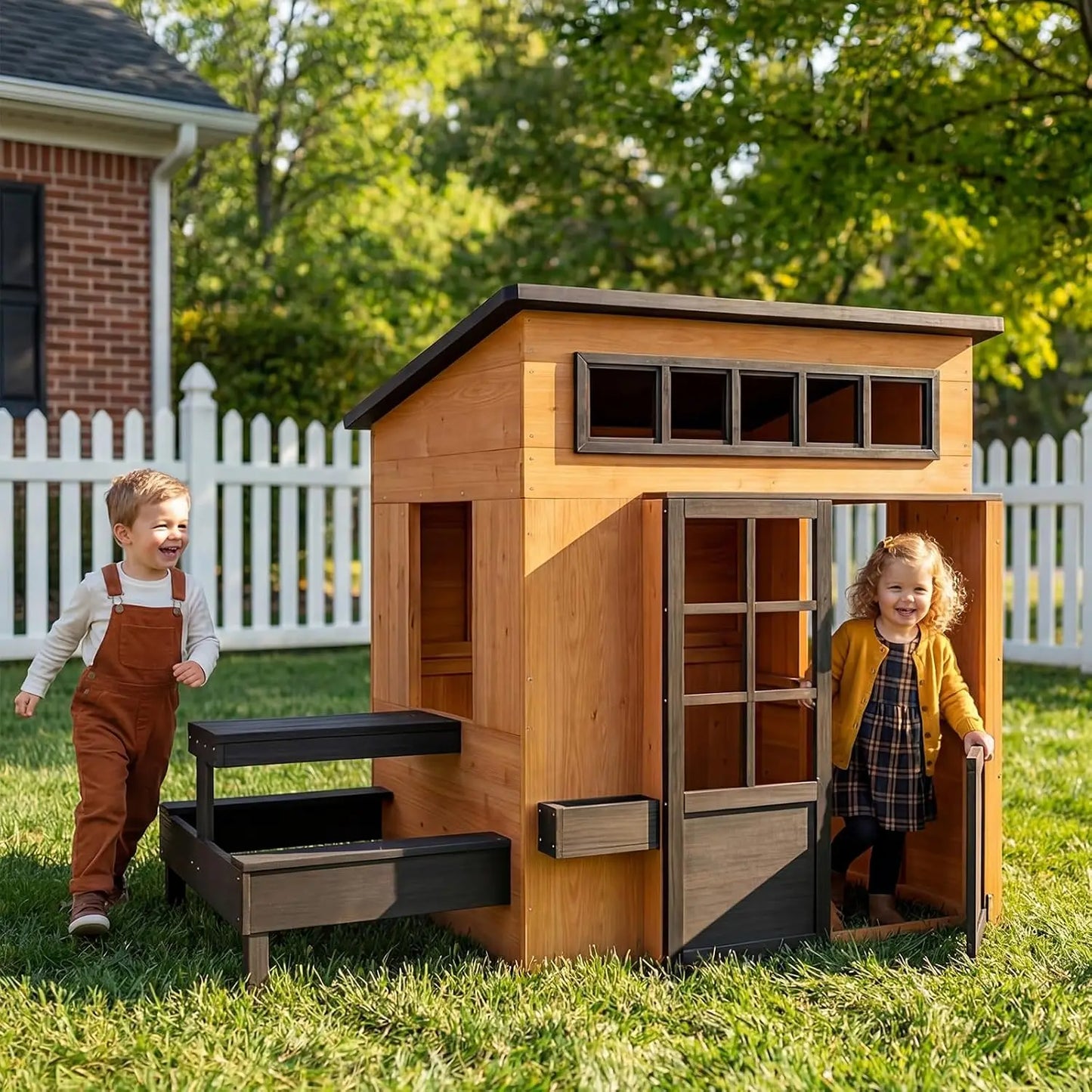 Outdoor Playhouse Modern Fir Wood Kids Backyard Garden House with Play Kitchen Table Chalkboard Half Door Windows Flower Box Indoor Imaginative Pretend Play Toys for Boys Girls Ages 3-8
