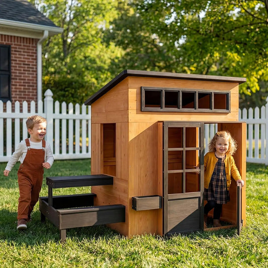 Outdoor Playhouse Modern Fir Wood Kids Backyard Garden House with Play Kitchen Table Chalkboard Half Door Windows Flower Box Indoor Imaginative Pretend Play Toys for Boys Girls Ages 3-8