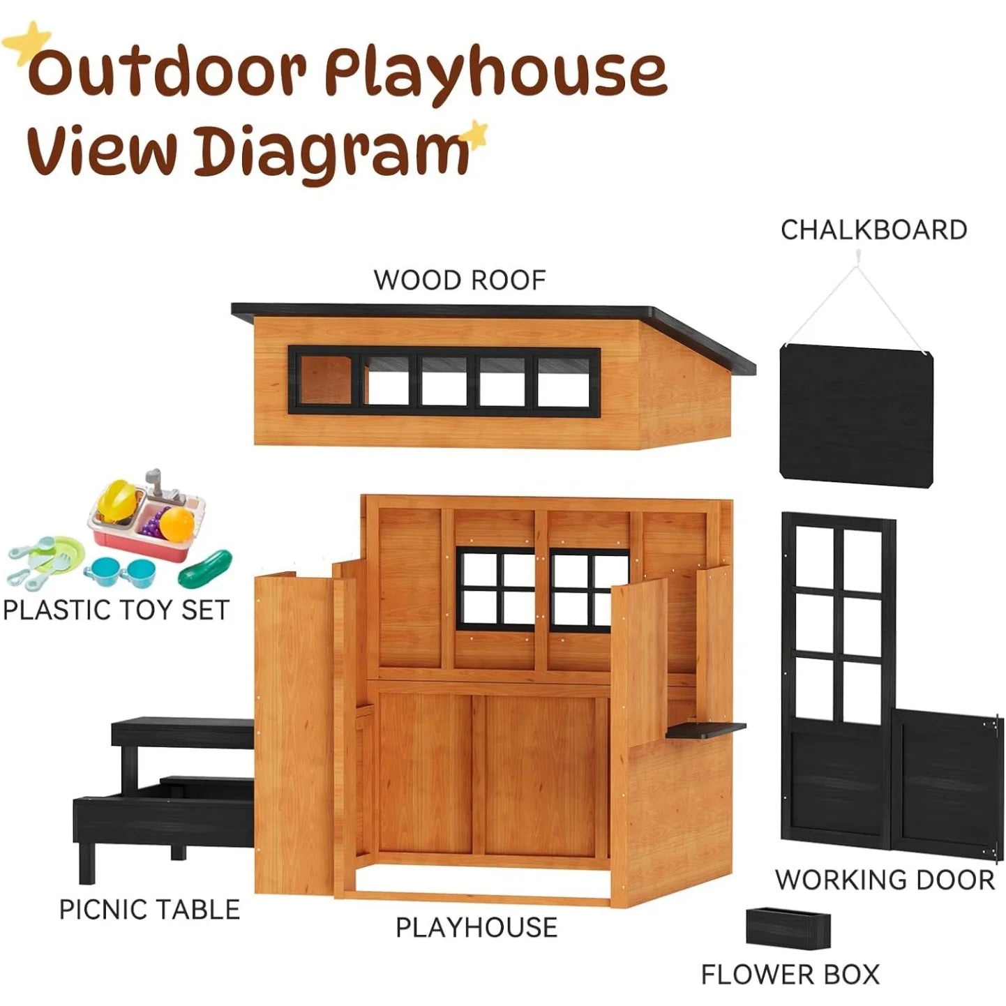 Outdoor Playhouse Modern Fir Wood Kids Backyard Garden House with Play Kitchen Table Chalkboard Half Door Windows Flower Box Indoor Imaginative Pretend Play Toys for Boys Girls Ages 3-8