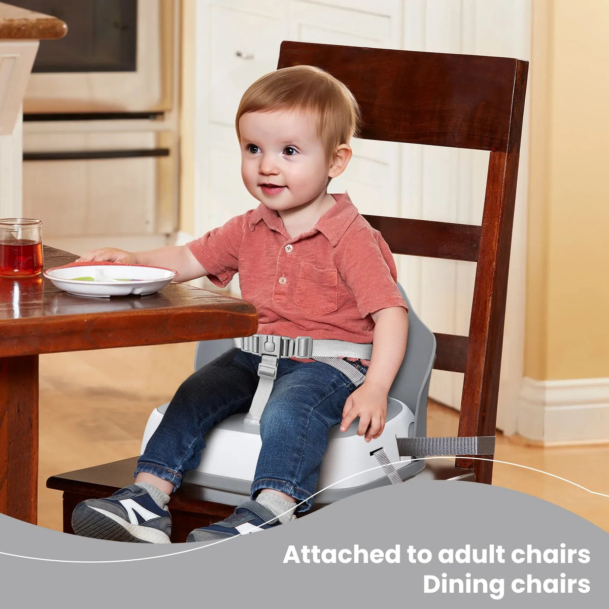 Portable Kids Booster Dining Chair with 3-Point Safety Harness, 2 Fixing Straps, Washable PP Toddler Feeding Seat for Home Travel