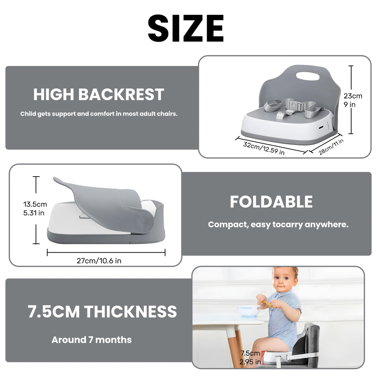 Portable Kids Booster Dining Chair with 3-Point Safety Harness, 2 Fixing Straps, Washable PP Toddler Feeding Seat for Home Travel