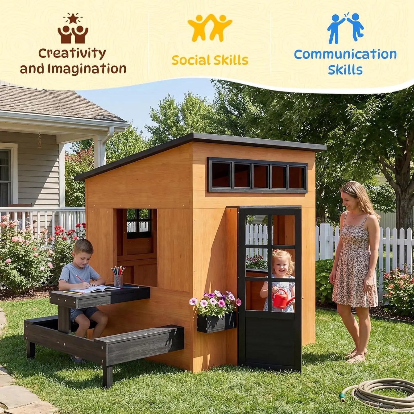 Outdoor Playhouse Modern Fir Wood Kids Backyard Garden House with Play Kitchen Table Chalkboard Half Door Windows Flower Box Indoor Imaginative Pretend Play Toys for Boys Girls Ages 3-8