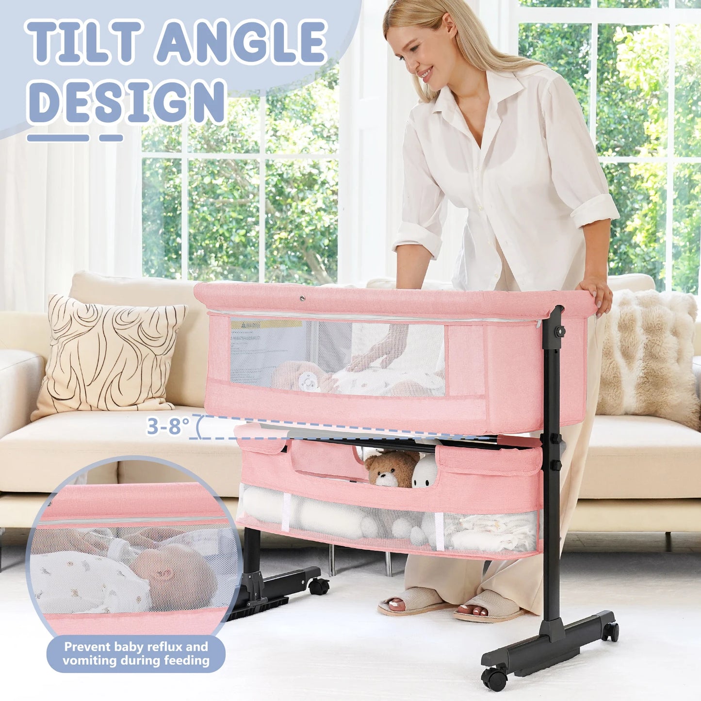 Foldable Portable Baby Bassinet Bedside Crib with Storage Basket & Breathable Mesh