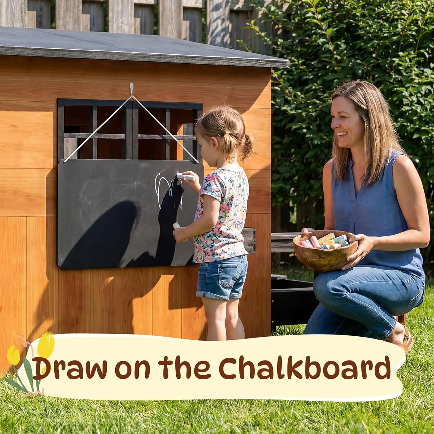 Outdoor Playhouse Modern Fir Wood Kids Backyard Garden House with Play Kitchen Table Chalkboard Half Door Windows Flower Box Indoor Imaginative Pretend Play Toys for Boys Girls Ages 3-8