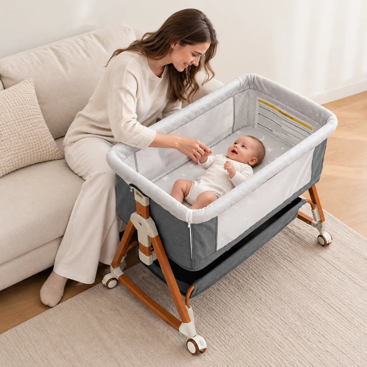 3-in-1 Baby Bassinet Bedside Sleeper Foldable Rocking Cradle with Wheels and Storage Portable Bedside Bassinet for Newborn Infant