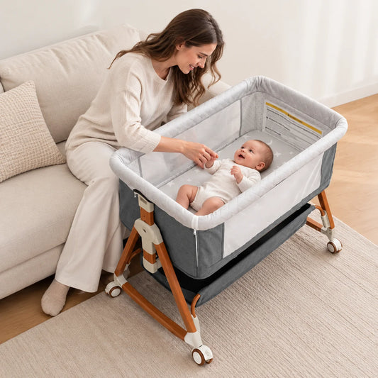 3-in-1 Baby Bassinet Bedside Sleeper Foldable Rocking Cradle with Wheels and Storage Portable Bedside Bassinet for Newborn Infant
