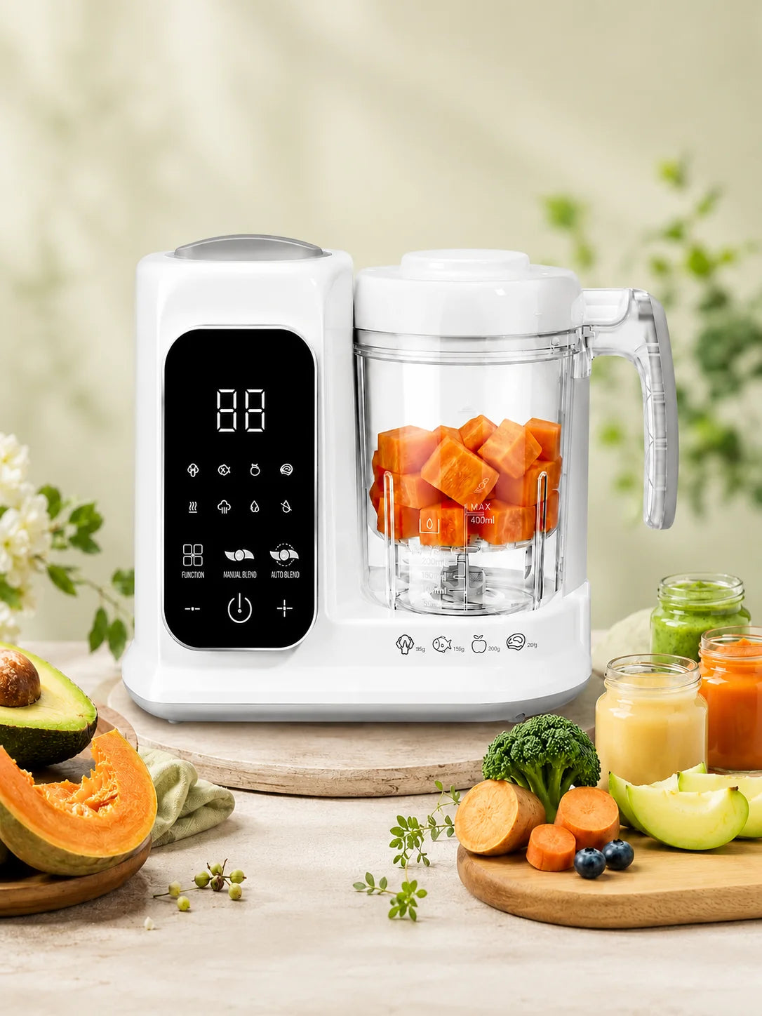 2 in 1 Automatic Baby Food Maker Steamer Blender BPA Free Borosilicate Glass Smart Touch Control Infant Food Processor One Step Steam Blend Baby Puree Grinder Multifunctional Easy Clean Baby Supplementary Food Cooking Machine