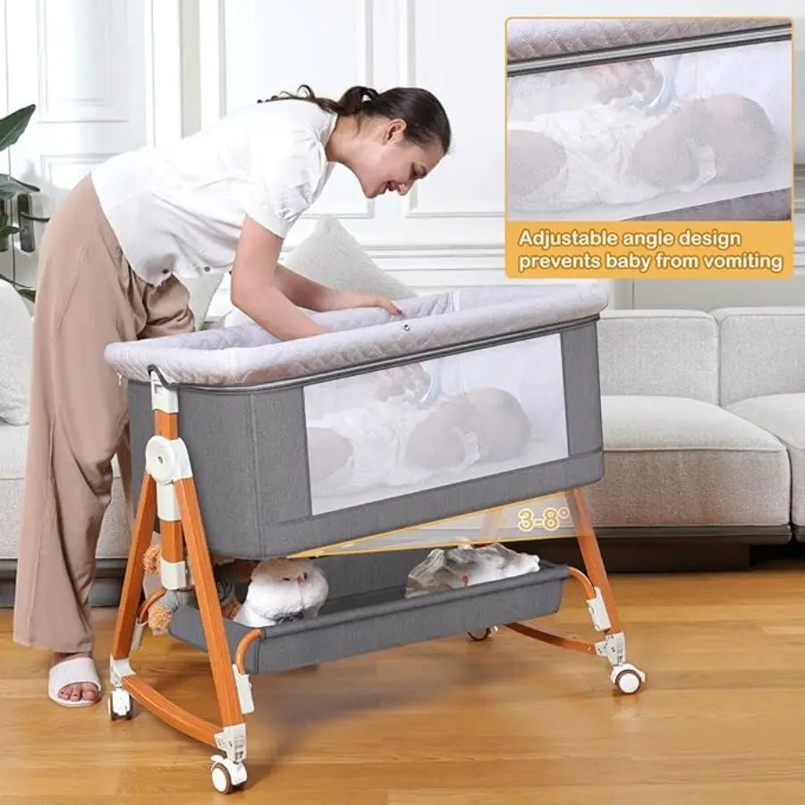 3-in-1 Baby Bassinet Bedside Sleeper Foldable Rocking Cradle with Wheels and Storage Portable Bedside Bassinet for Newborn Infant