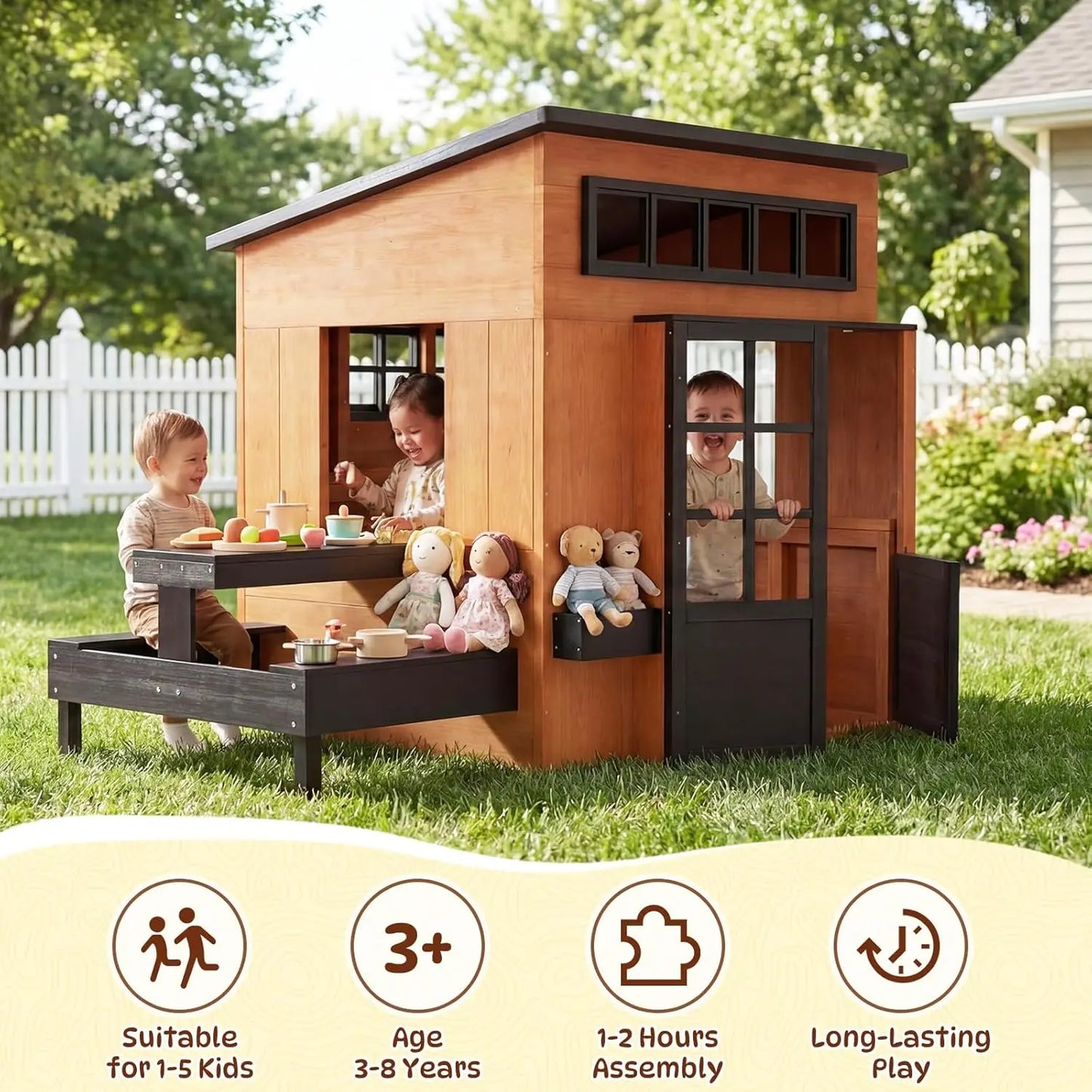 Outdoor Playhouse Modern Fir Wood Kids Backyard Garden House with Play Kitchen Table Chalkboard Half Door Windows Flower Box Indoor Imaginative Pretend Play Toys for Boys Girls Ages 3-8