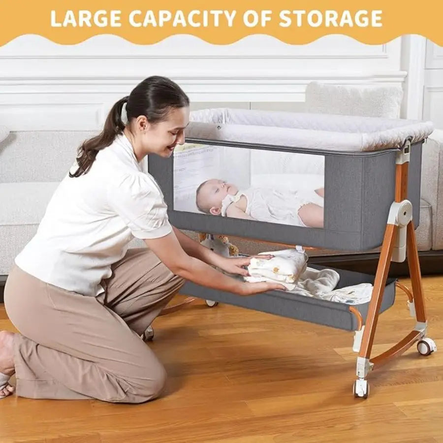 3-in-1 Baby Bassinet Bedside Sleeper Foldable Rocking Cradle with Wheels and Storage Portable Bedside Bassinet for Newborn Infant