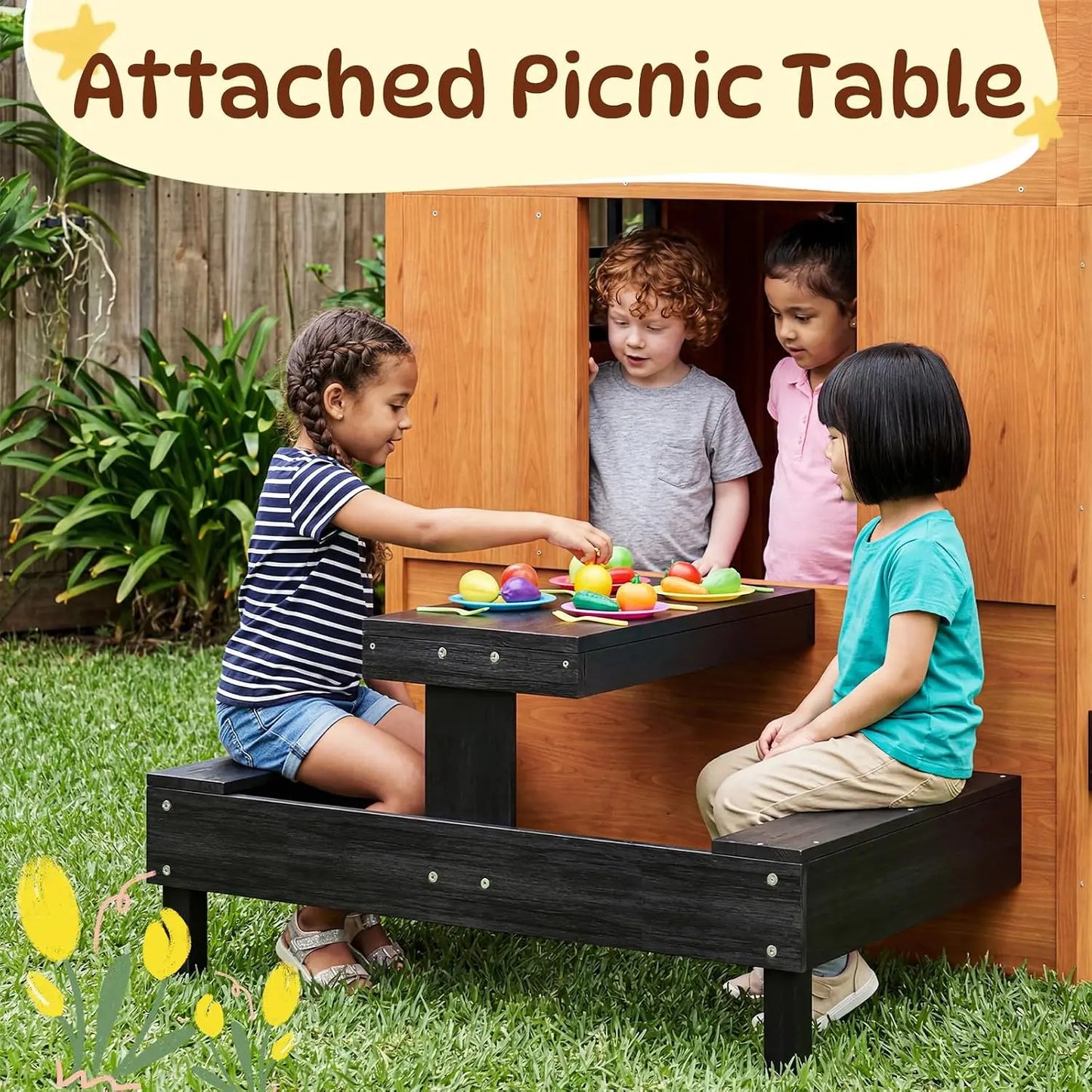 Outdoor Playhouse Modern Fir Wood Kids Backyard Garden House with Play Kitchen Table Chalkboard Half Door Windows Flower Box Indoor Imaginative Pretend Play Toys for Boys Girls Ages 3-8