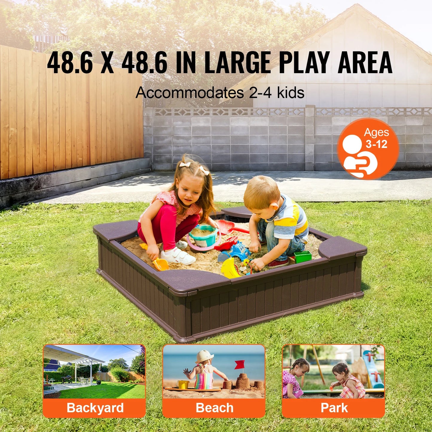 SucceBuy Sandbox with Cover in Square Sand Box Sand Pit with 4 Corner Seating and Bottom Liner Kids Sandbox for Outdoor for Kids