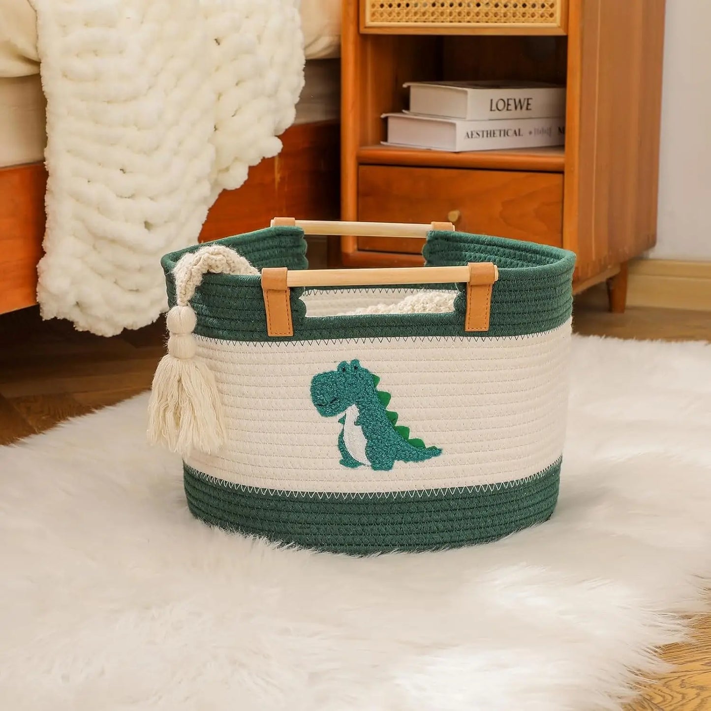 Large Blanket Basket 35L Cotton Rope Basket with Wooden Handles Woven Baskets for Kids Stuffed Animal Toys Storage for N