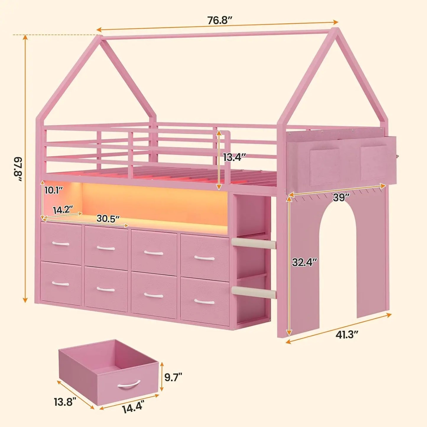 Twin Size Loft Bed for Kids, 8 Storage Drawers & LED Lights, House Shaped Metal Bed with Bookcase, Soft Foam Ladder, 13.4