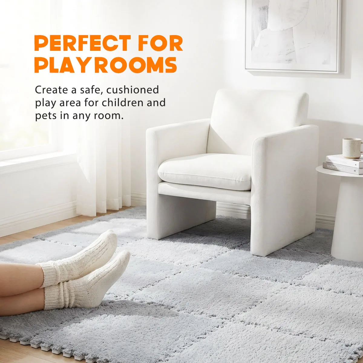 Soft Fuzzy Interlocking Foam Play Mat, 30x30cm Plush Puzzle Floor Tiles, 1cm Thick Washable Noise Reduction Non Slip Rug Tiles for Kids Playroom Bedroom Apartment Pet Area