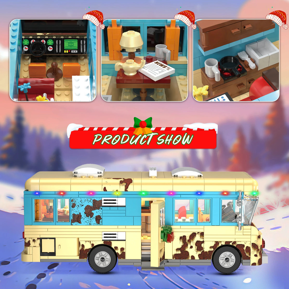 Christmas Cousin's RV Building Blocks Set LED Christmas Holiday Snow Village RV Toys Gifts for Boys, Girls, Family