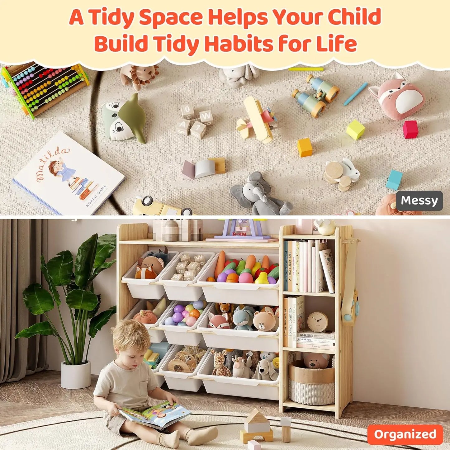 Toy Storage Organizer with Bookshelf, Kids Toy Storage and Organizers with 3 Shelves/9 Bins/3 Hooks, Bin Shelf, Toy, Customized