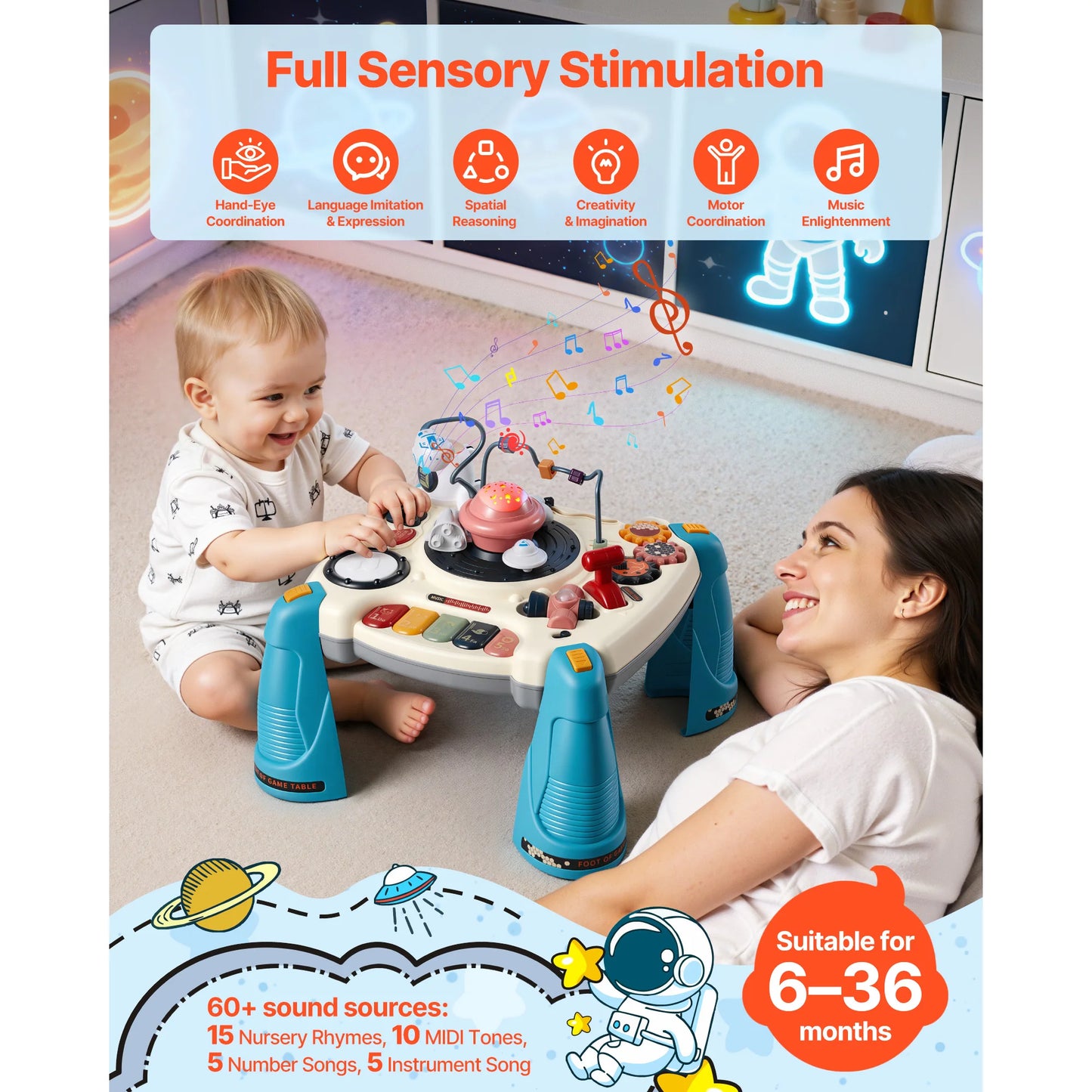 Baby Spacecraft Musical Table Toys with Space Theme & Soft-glow Star Projector & 60+ Sound Sources for Kids