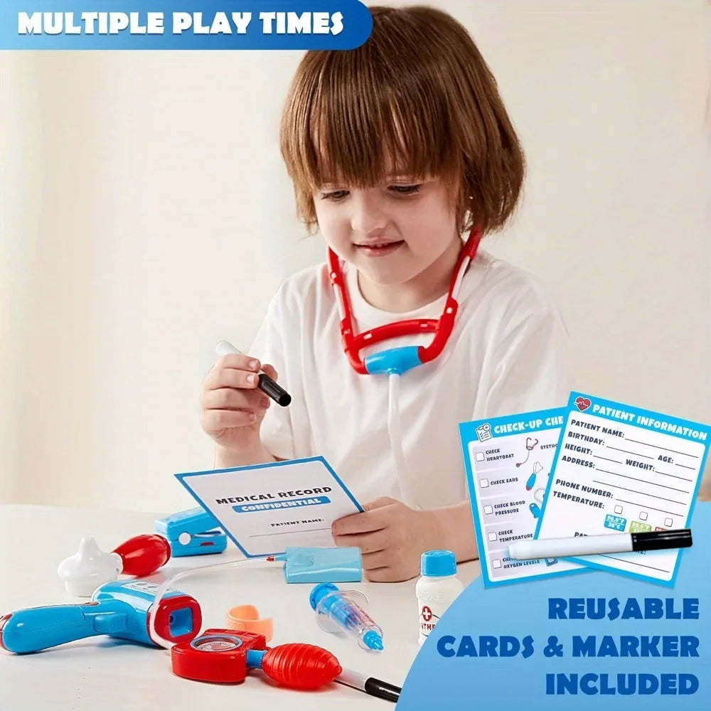 Kids Doctor Kit 16Pcs Pretend Play Medical Kit with Realistic Toy Stethoscope Reusable Record Cards for Toddlers Ages 3+