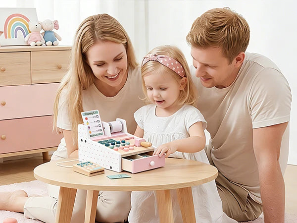 Wooden  Cash Register with Scanner Math Learning Role Play Cashier Game Set for Kids Pink Wooden Store Cash Register