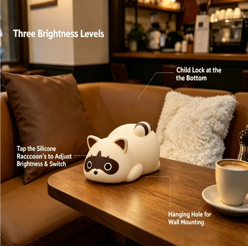 Portable Rechargeable Night Light, Silicone Raccoon Touch Control Lamp with 3 Dimmable Modes,Bedside Lamp Cute Gift