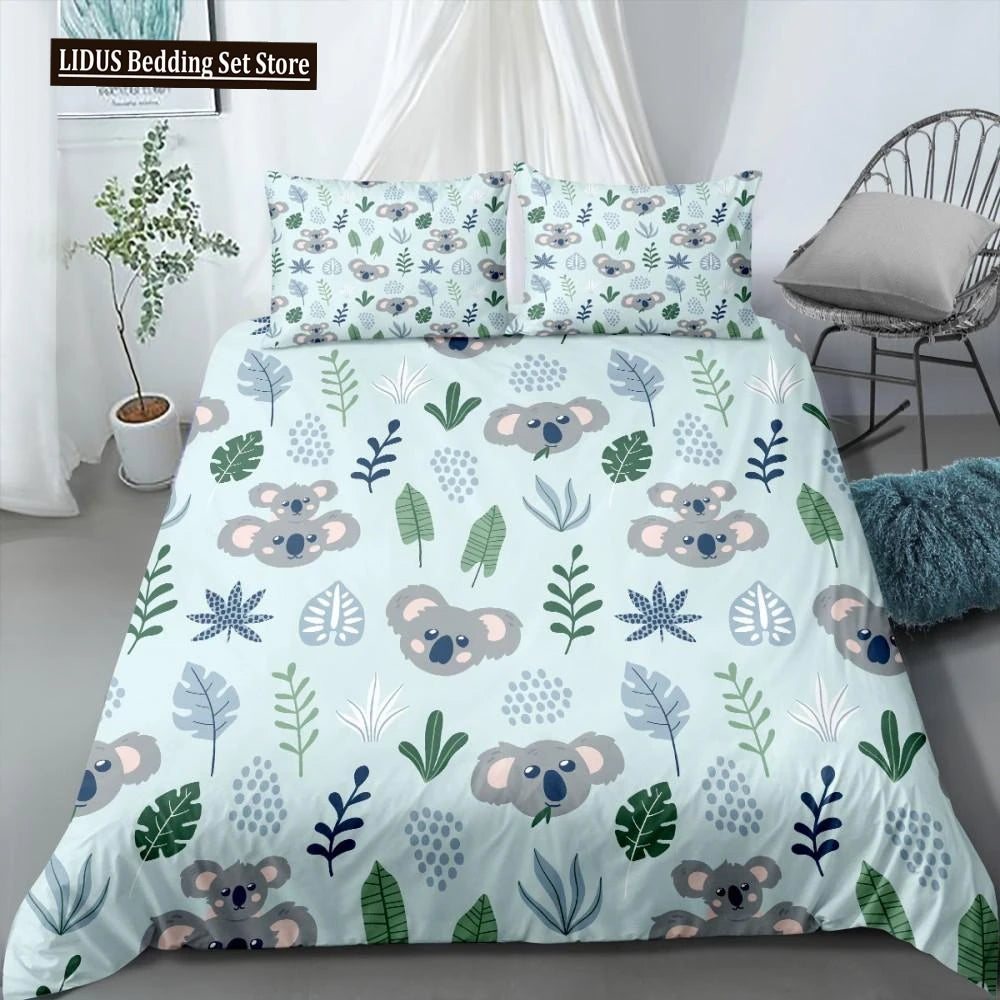 Koala Duvet Cover Set Children Cute Animal Print Bedding Set,Boys Girls Rainbow Butterfly Comforter Cover Floral Flowers Bed Set