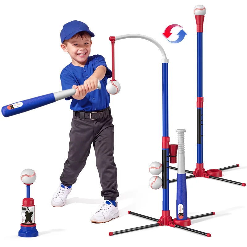 3-in-1 Baseball Set for Kids with Auto Pitching Machine | Tee Ball Stand, Hanging Tee, Ball Launcher and 6 Softballs - Adjustable Height, Indoor/Outdoor Sport Gifts for Boys Girls