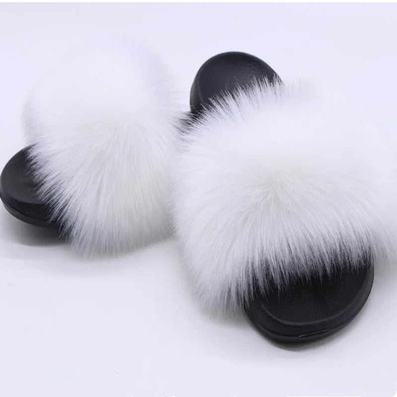 Children Slides Faux Fox Fur Slippers Kids Fluffy Raccoon Sandals Fashion Furry Home Flat Flip Flops Baby Girls Cute Plush Shoes