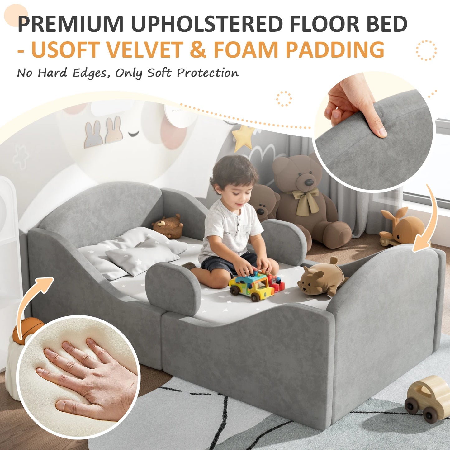 Toddler Bed, Certified Toddler Floor Bed with Removable Safety Rails, Kids Bed Frame, Standard Crib Size Ultra Soft Upholstered Kids Bed, Montessori Floor Beds for Girl Boy ( No Mattress)